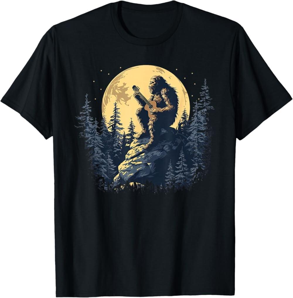 NEW LIMITED Bigfoot Playing Guitar Full Moon Funny Sasquatch T-Shirt L