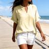 Women’s Loose Fit Short Sleeve V Neck Blouse Lightweight Casual Tunic Top with Rolled Sleeves for Summer Spring Outfits