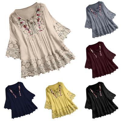 Damesmode Effen Kleur Midden Mouw Strik Kant Splicing Casual Tops