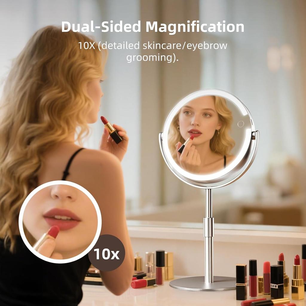 8-inch Double-sided Illuminated 10x Magnification Makeup Mirror with Metal Tabletop, Suitable for Home and Travel Use