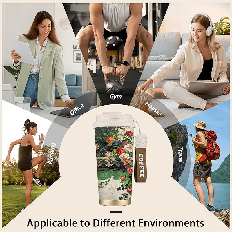 532ml Coffee Mug Green Wall Tile Flower Butterfly Motif 304Steel Hot Cold Cup Commuter Coffee Cup Outdoor Travel Thermos Strap Coffee Cup