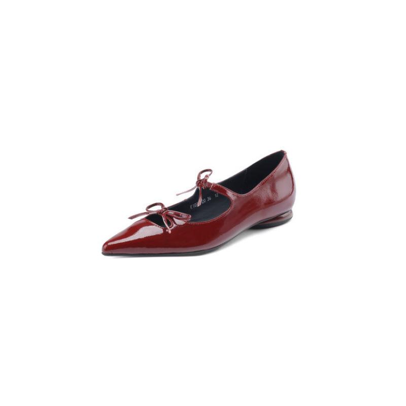 Low heel red four-season flat-soled single shoes new four-season women's small leather shoes large size non-slip beef tendon sole cowhide women's sho