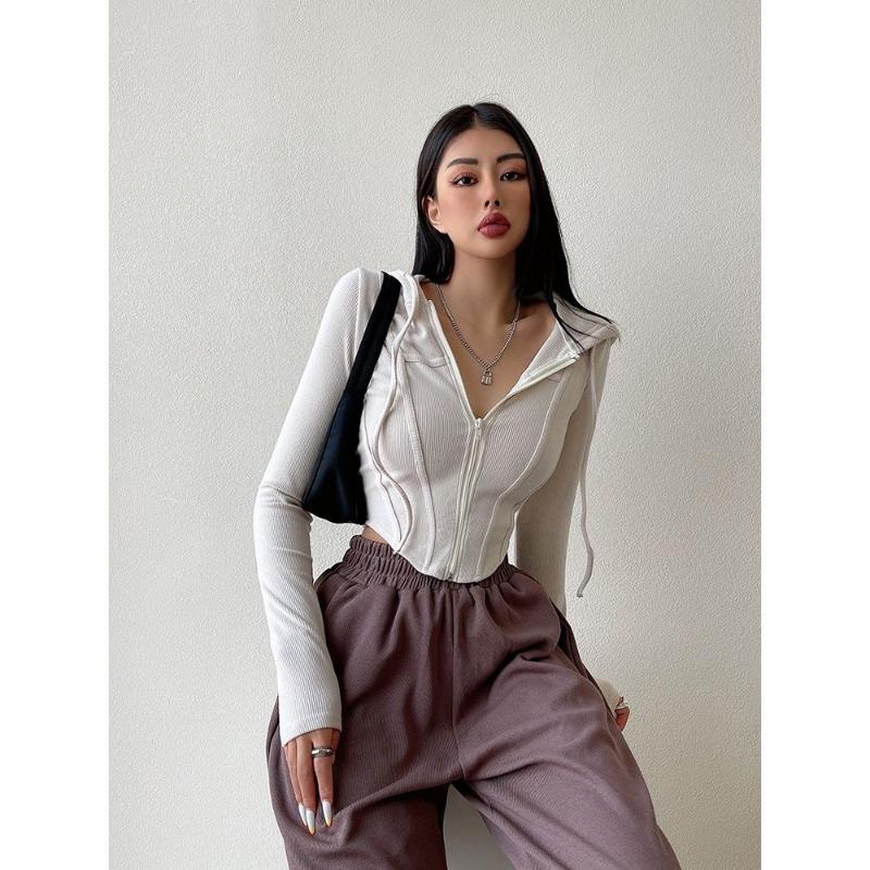 Sportwear Blouse Pure Desire Style Zipper Hooded T-shirt for Women's Spring and Summer New Style Slim Fit Waist Slimming Short Sleeved Jacket Coats