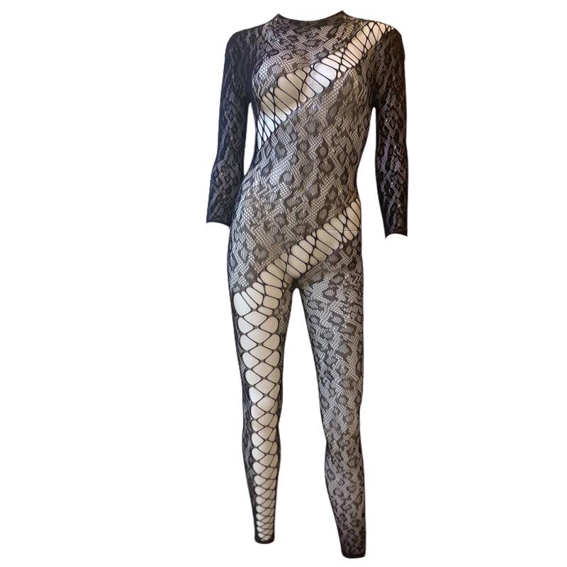 Women Long Sleeve Bodystocking Lingerie Leopard Fishnet Mesh Bodysuit Nightwear