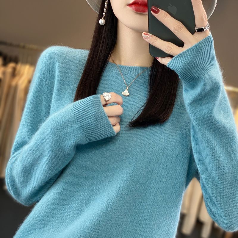 Round Neck Color Wool Sweater Women's Pullover Pullover Versatile Loose Cashmere Knit Base Layer Long Sleeve Sweater