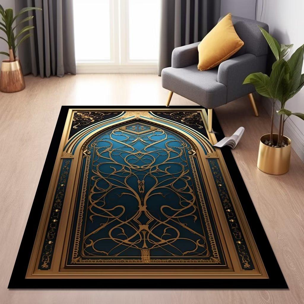 Islam Living Room Carpet Blue Luxury Decoration Home Rugs for Bedroom Soft Fluffy Flannel Carpet Anti-slip Large Area Pray Mat