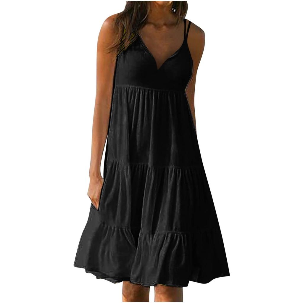Womens Summer Vacation Beach Dress Elegant Color V Neck Spaghetti Straps Sundress Casual Party Dress