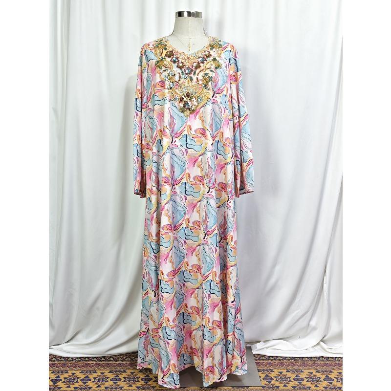 Dress Sequined Embroidery V-neck Horn Sleeve Loose Long Dress Women