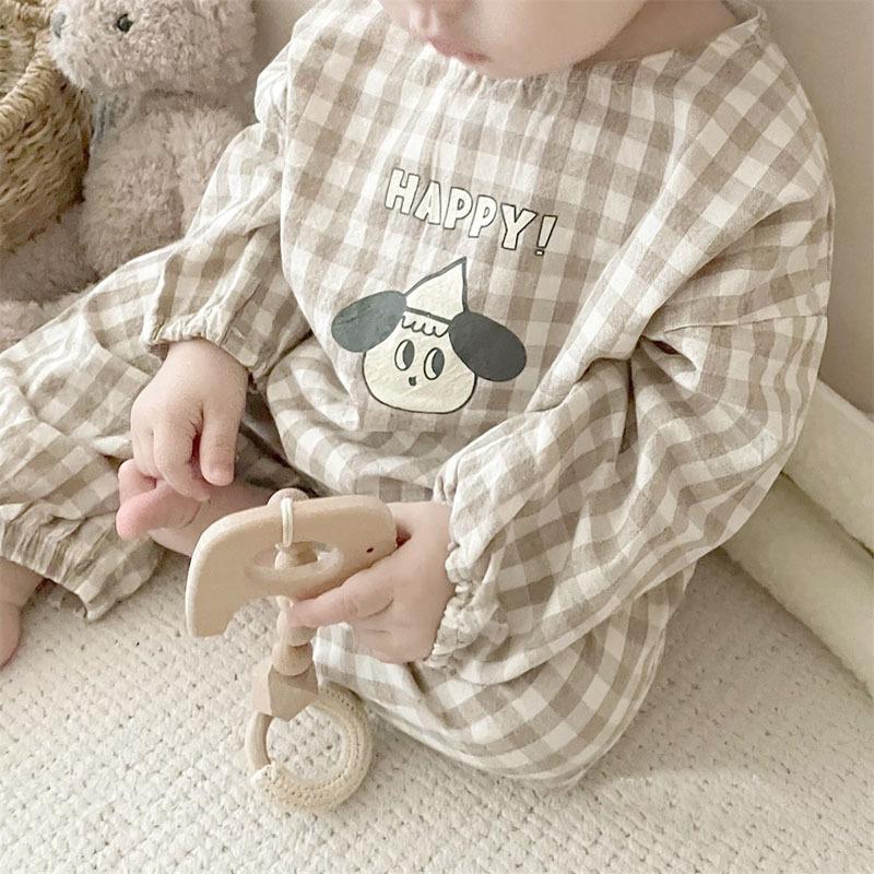 Baby Cotton Linen Clothes Set Plaid Cartoon Casual Tops + Pants 2pcs Baby Set Cute Boy Girls Comfortable Infant Outfits