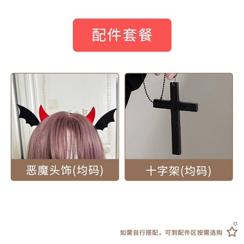 Gothic Angel Devil Halloween Costume Women - Black White Dress With Wings Neckpiece Gloves Headpiece Cross Necklace