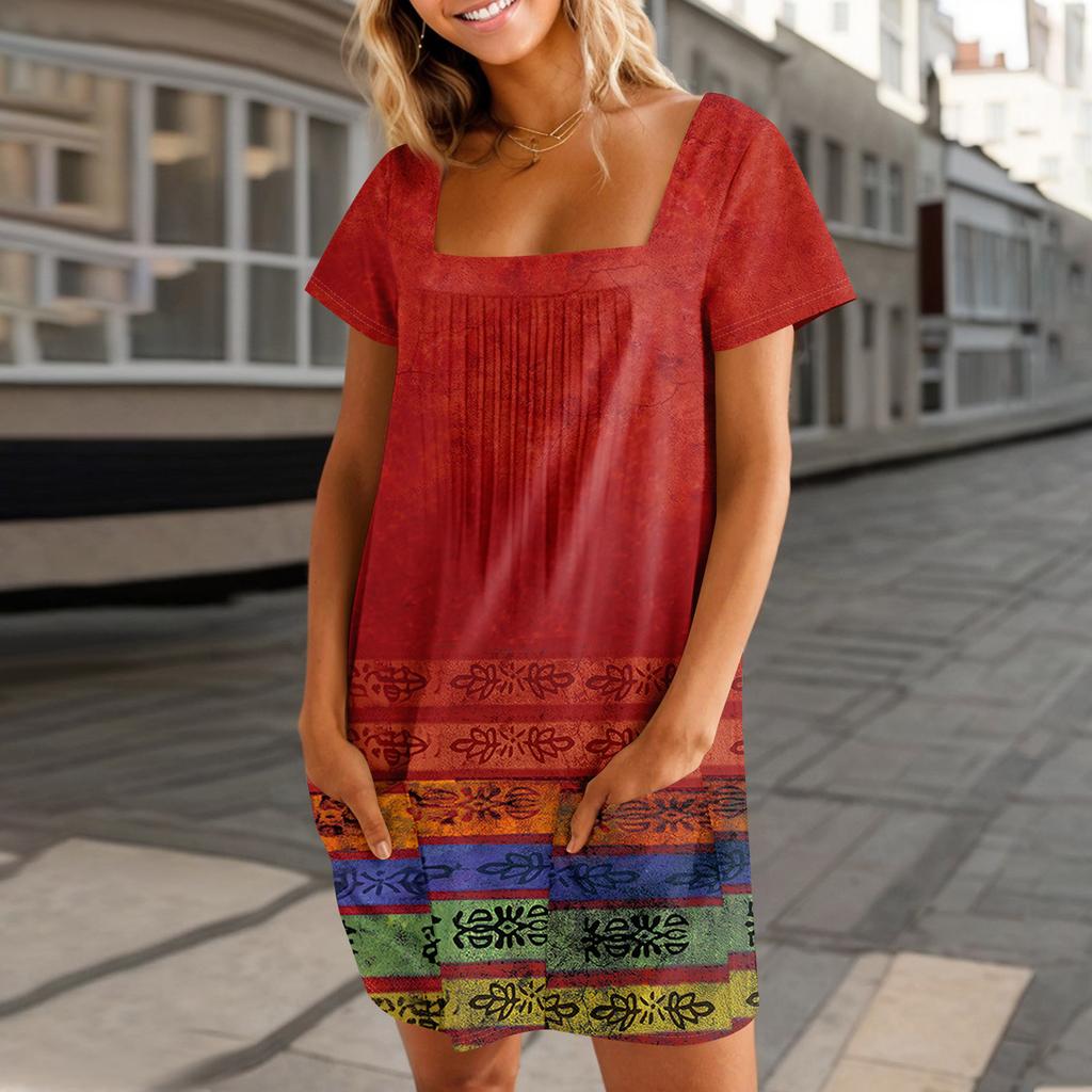 Women's Summer Casual Square Neck Pleated Front With Pocket Printed Short Sleeve Dresses