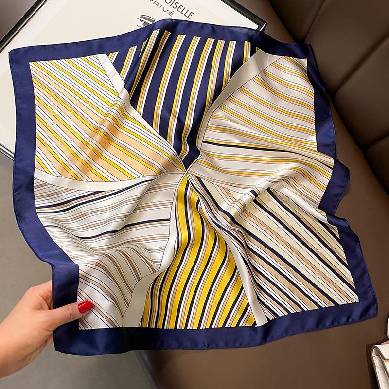 

Шарф в корейском стиле из черного тутового шелка в полоску для женщин - весенне-летний шейный платок или галстук для сумки 53x53 cm темно-синий