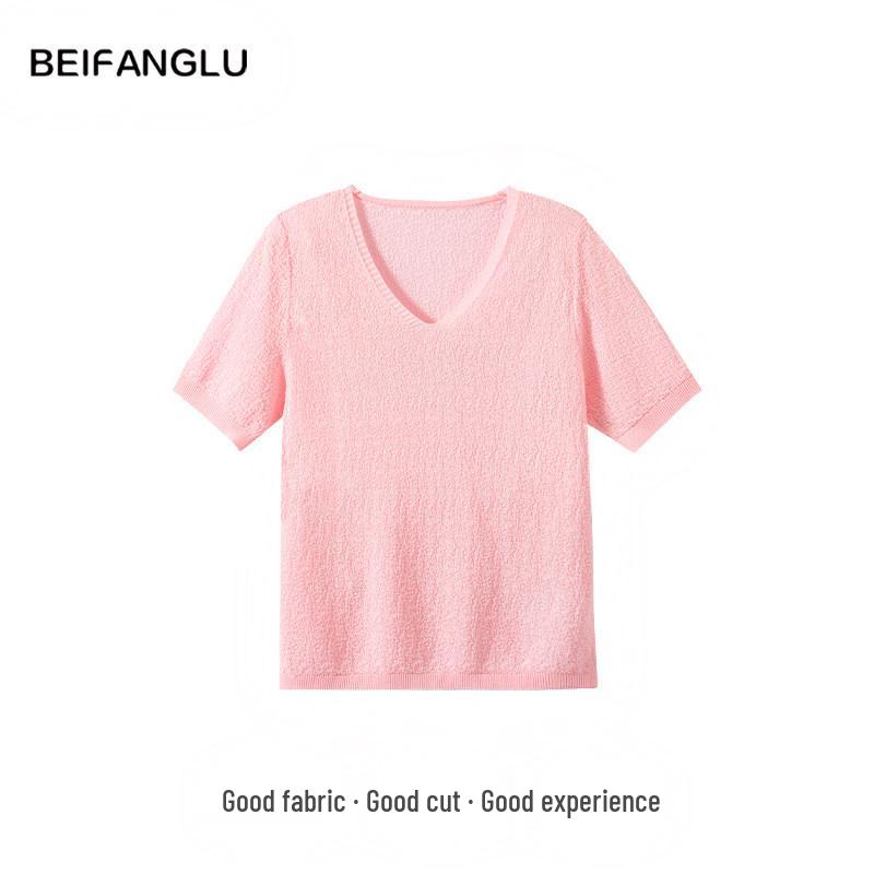 Northern Deer Women's Textured V-neck Knit T-shirt - 70.7% Lyocell, 29.3% Triacetate for Summer, Style 261172