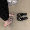 2025 Summer Low Heel Slippers Women's Fashion Square Head Shallow Mouth Open Toe Flower Thin Belt Non-slip Heel Shoes