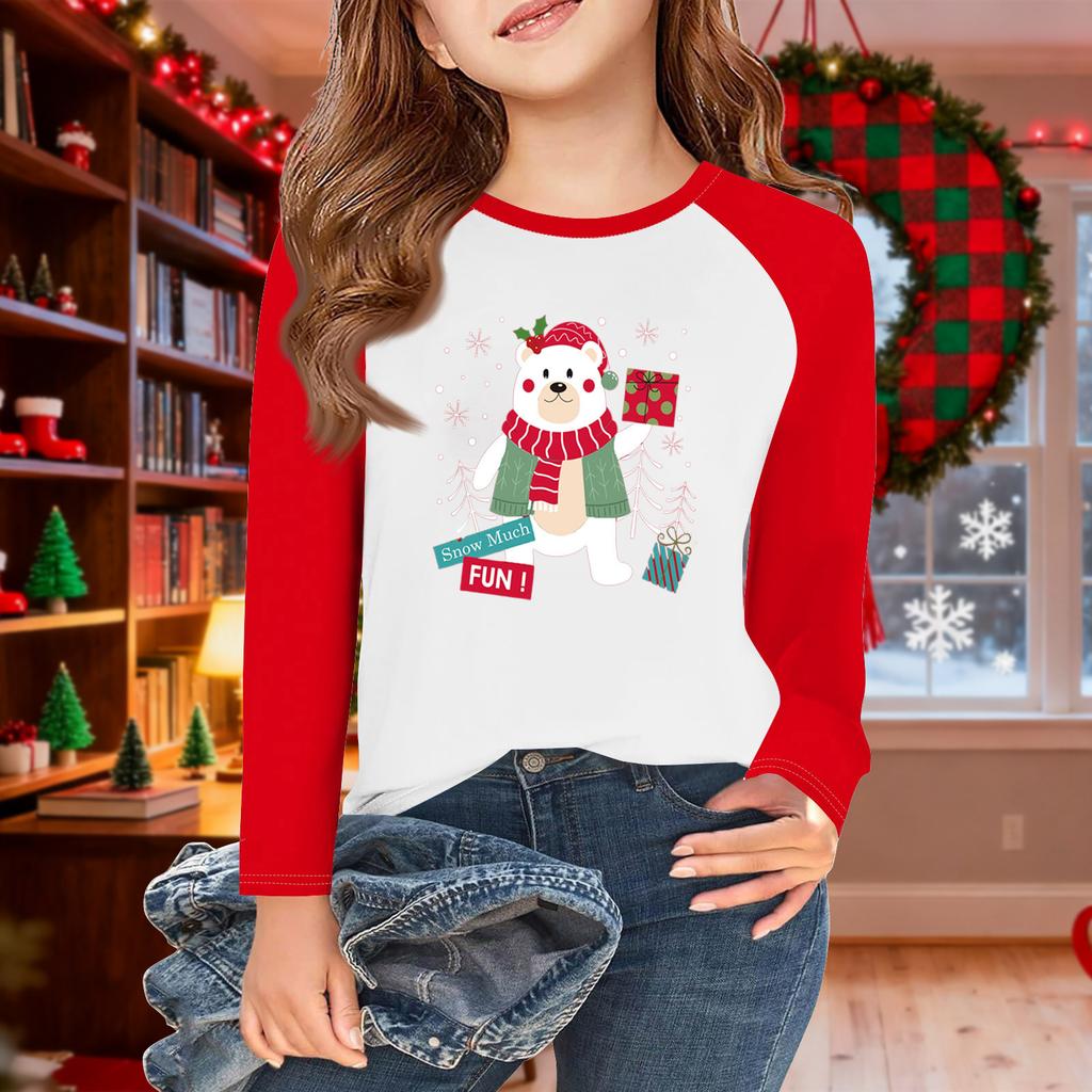 Girls Long Sleeve Christmas Day T Shirts Kids Fall Tops Crewneck Basic Tees 5-14Y