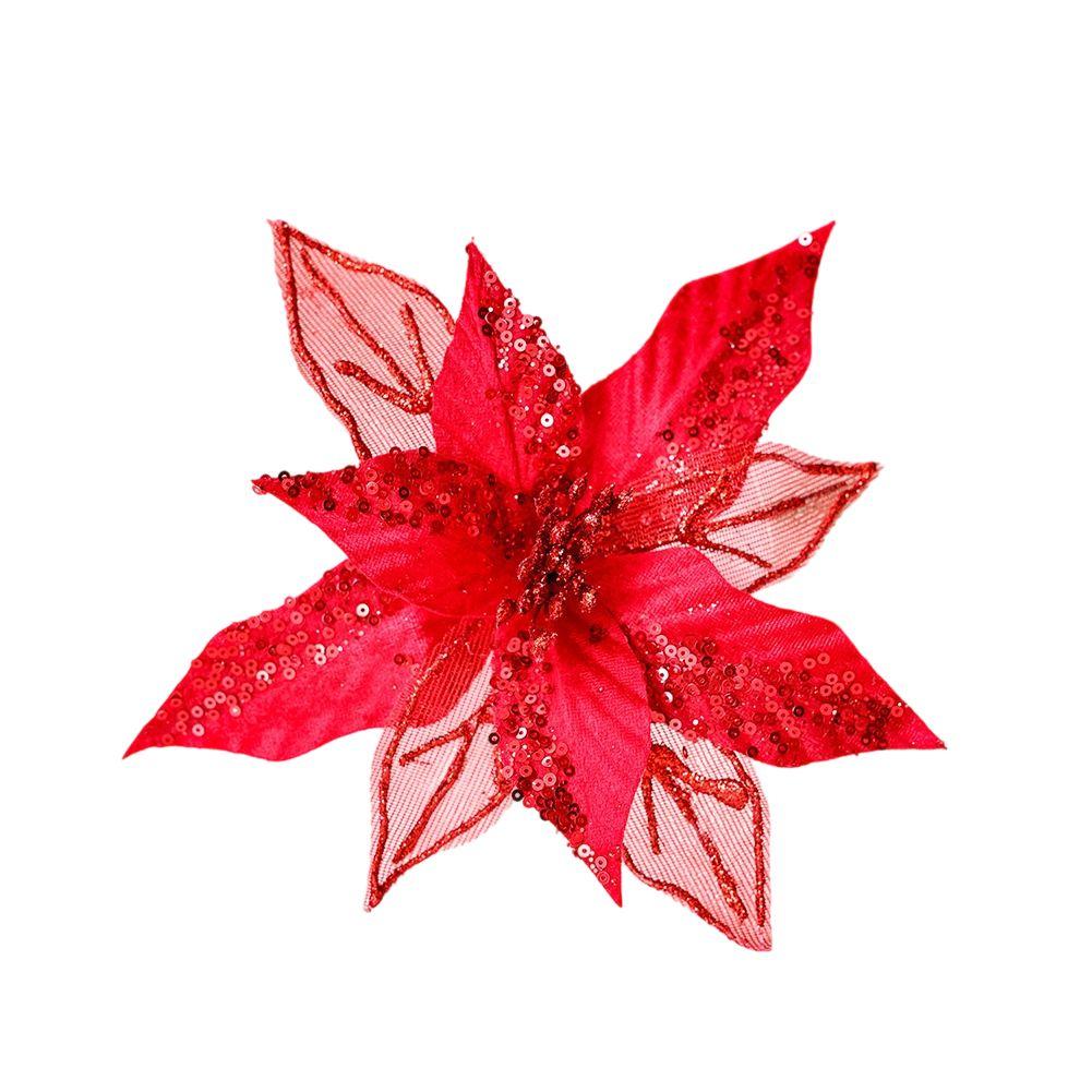 Artificial Holiday Flowers Glitter Poinsettia Flowers Shimmering Stamen Textured Look With Pearls Glitter Flower