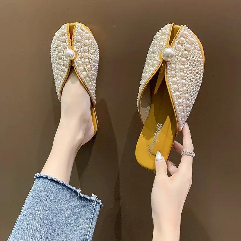 Fashion Indoor Flat Round Toe Fish Sandals Shoes for Women Slides Pearl Yellow Mules Woman Slippers Designer Sale I Trend F H Sandal 39