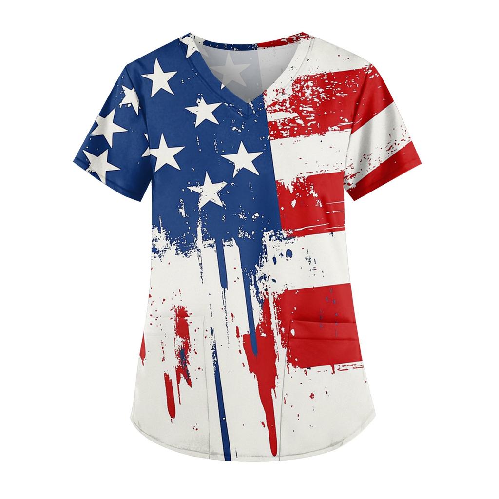 Women's Independence Day Printed Work Clothes V-neck Double Layer Pockets Basic Short Sleeve Top Pullover