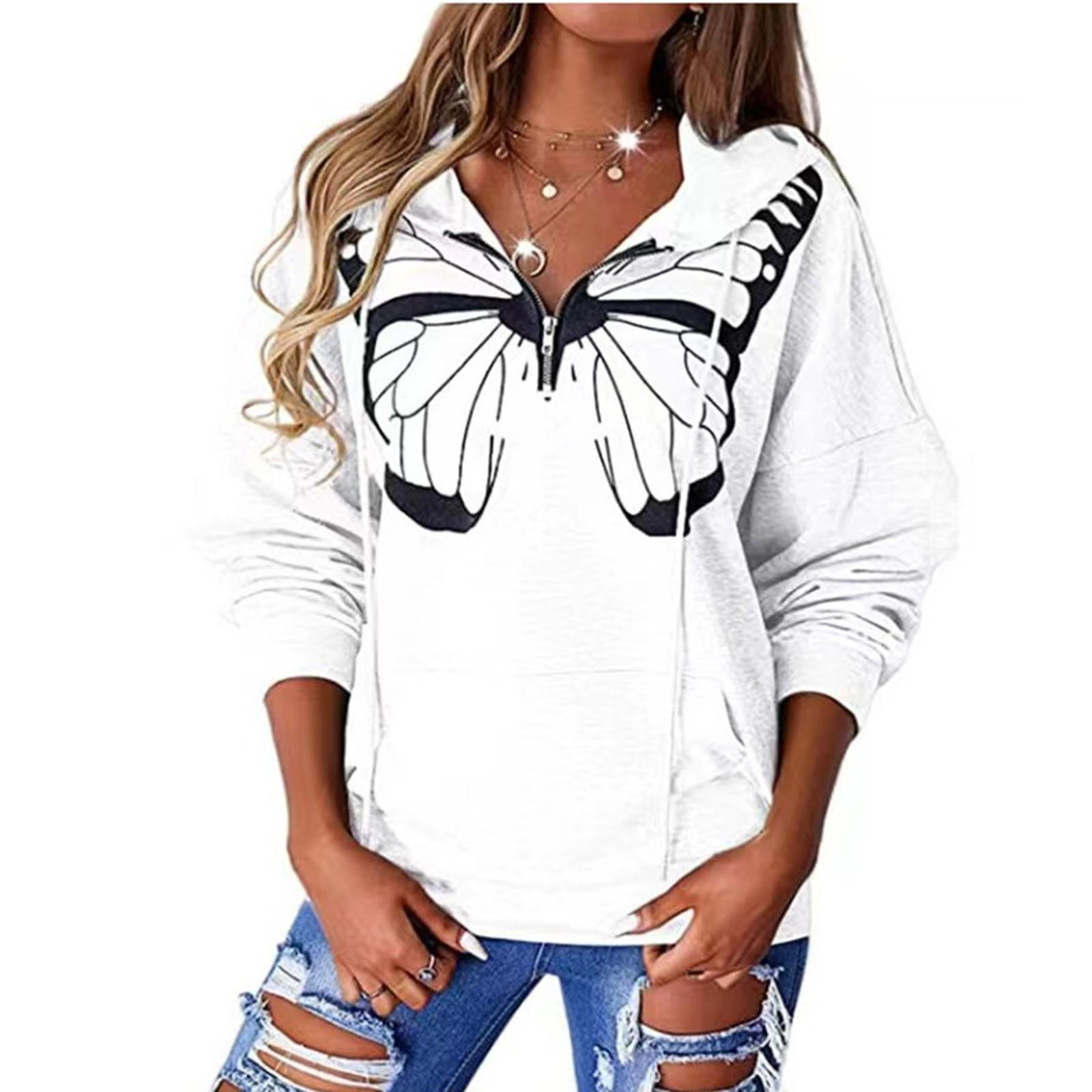 

Женские толстовки с принтом бабочки и длинными рукавами, повседневные пуловеры на шнурке, толстовки с карманами XL белый
