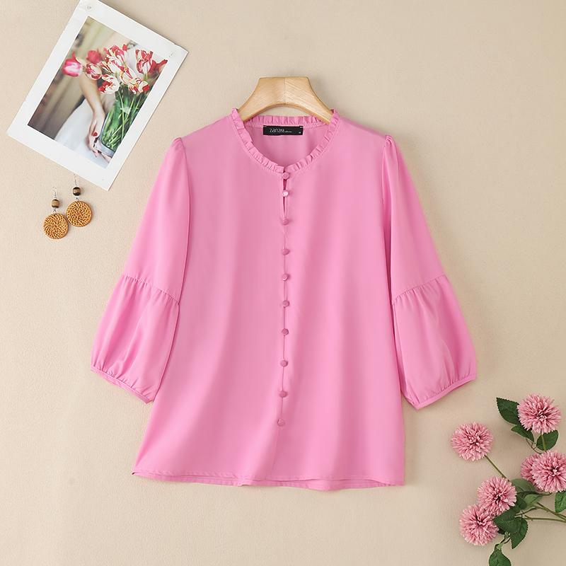 ZANZEA Women Casual Round Neck Solid Color 3/4 Sleeve Loose Blouse