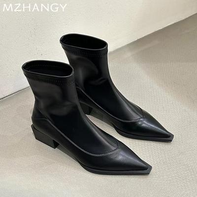 Women Pointed Toe Ankle Boots Leather Mid Heels Shoes Woman 2025 Trend Winter Elegant Fashion Dress Motorcycle Boots Mujer Botas