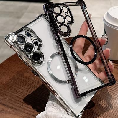 Cover Morbida in TPU Trasparente Antiurto per Magsafe Per Samsung Galaxy S25 Edge S24 Ultra S23 FE S22 + Plus Pellicola Magnetica per Obiettivo Custodia in Silicone Placcato