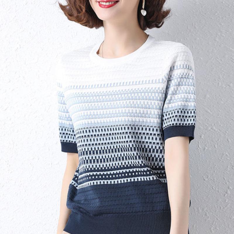 

Элегантная летняя женская футболка с круглым вырезом в полоску с лоскутным узором и нитками, офисная женская свободная трикотажная футболка с коротким рукавом XXL синий