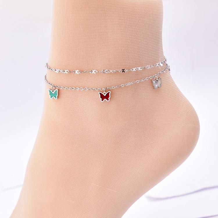 New Fashion Colorful Four Leaf Clover Anklet Women's Personalized Sexy Double Layer Anklet Titanium Steel Butterfly Anklet