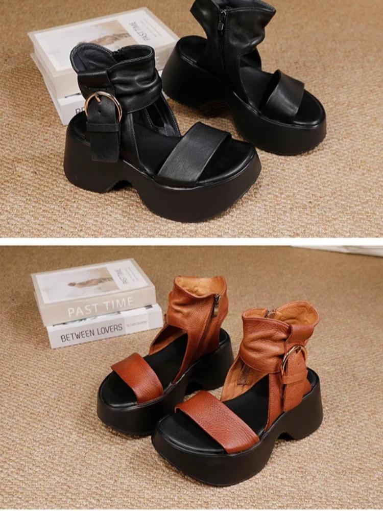 Johnature Genuine Leather Peep Toed Thick Soled Shoes Height Increasing Retro Women's High-heeled Sandals