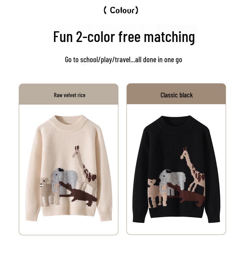 Autumn/Winter Unisex Kids' Pure Wool Round Neck Pullover with Cartoon Animal Embroidery