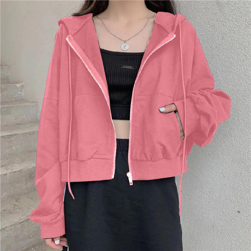 Women Casual Short Zipper Cardigan Hooded Jacket Sweatshirt Women's Solid Color Thin Long Sleeve
