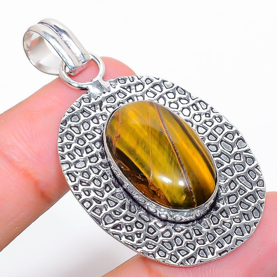 Tiger Eye Gemstone Handmade 925 Sterling Silver Jewelry Pendant 2.05"