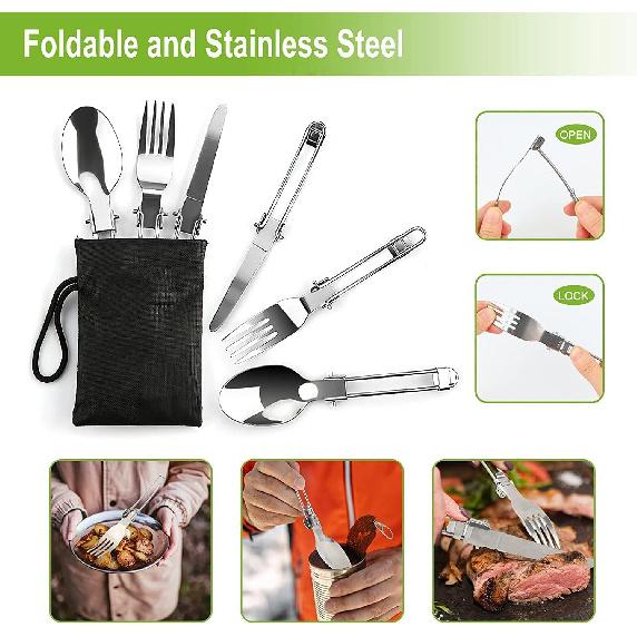 Camping Cooking Set Camping Cookware Outdoor Aluminum Mess Kit with Frying Pan, Pot with Lid, 1.2L Kettle Set and 2 Stainless Steel Plate, 2 Folding