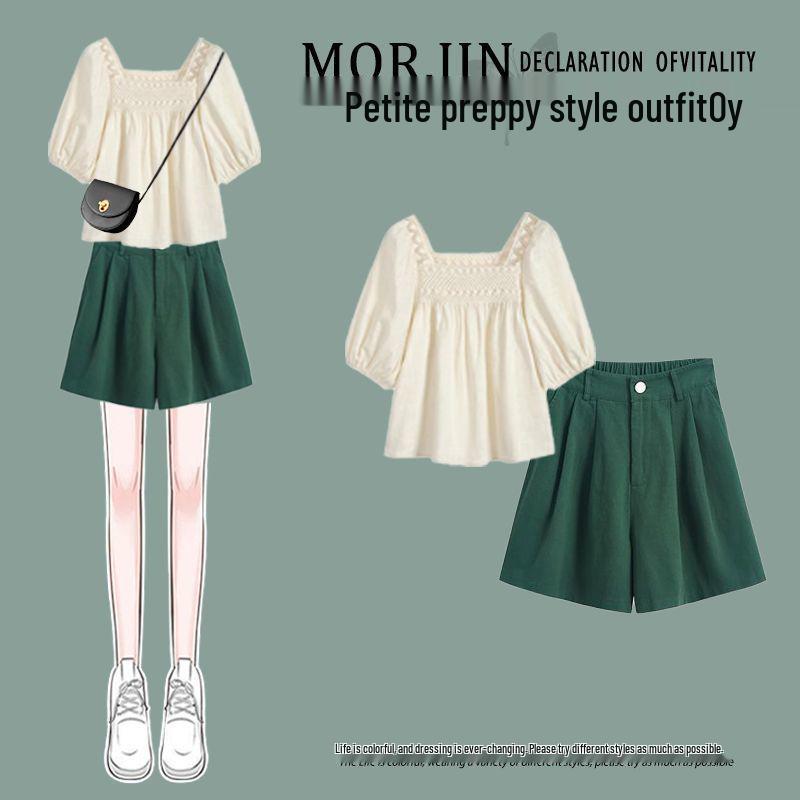 

2023 Women s Korean Square Neck Top & Slimming Shorts Set XL (120-140 jin)