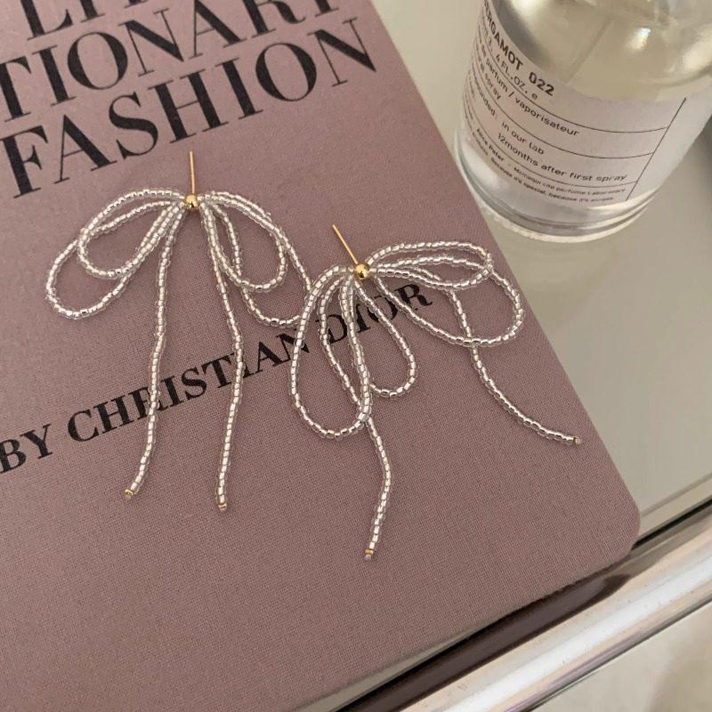 Gentle Temperament Beaded Bow Tassel Earrings - 925 Silver, Niche Design, Light Luxury, 2026 New Style