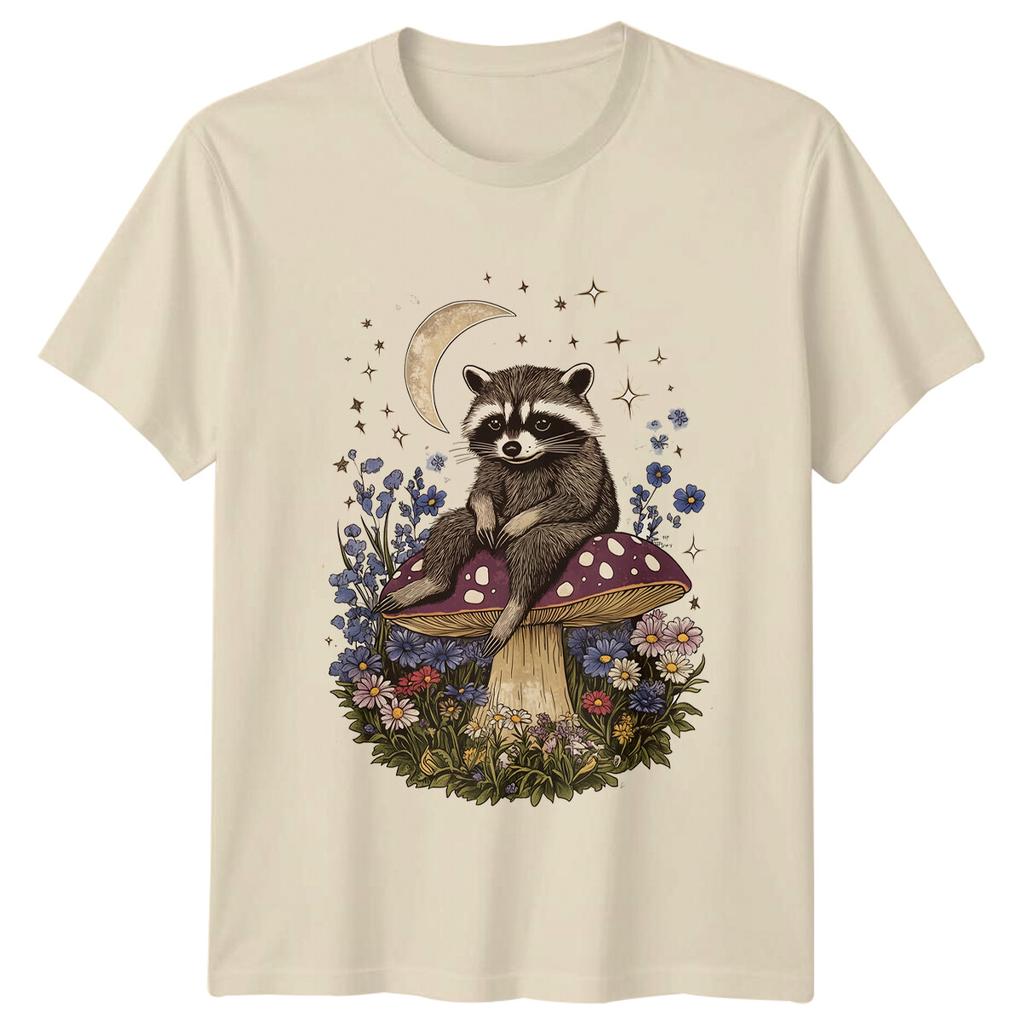 Raccoon Sitting On Mushroom Celestial Flowers Funny Animal Pun TShirt