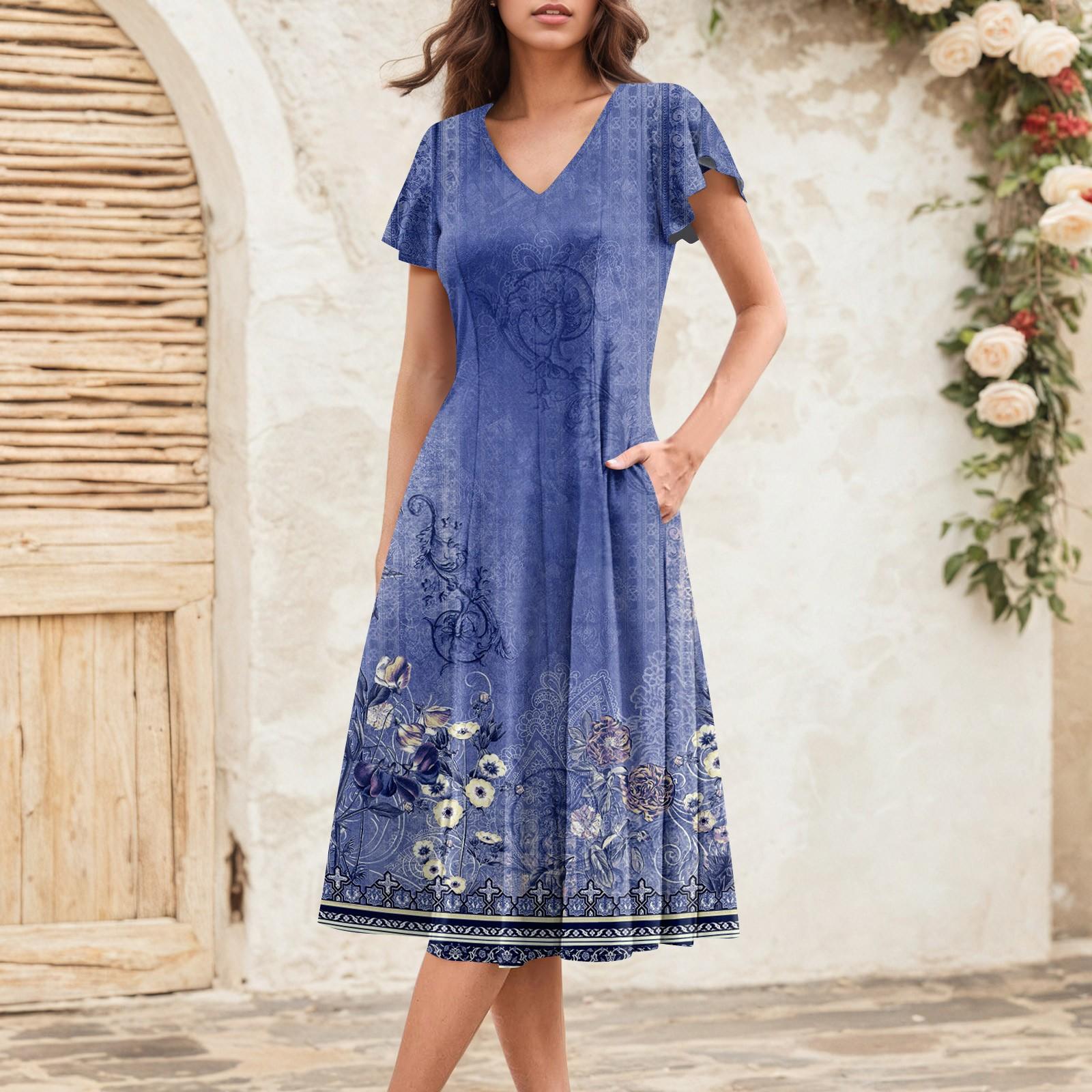 

Women s Summer Fashion V-Neck Ruffle Sleeve Retro Elegant Midi Dress XL фіолетовий