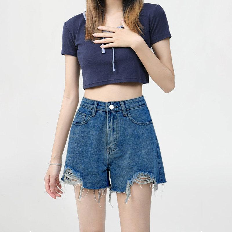 Casual Ripped and Versatile Denim Shorts for Women Fashionable High-waist Internet Celebrity Raw Edge Wide-leg Hot Pants