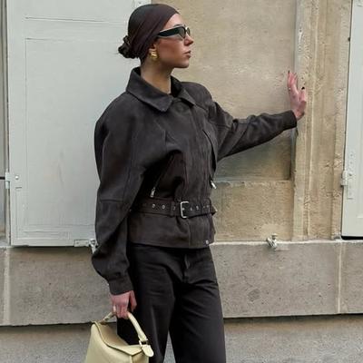 Fashion Women's Short Suede Jackets Belt Lapel Puff Long Sleeve Zipper Pockets Coats 2025 Spring Lady Vintage Street Outwears