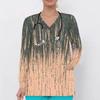 Women Plus Size Abstract Watercolor Printed V Neck Long Sleeve Nurse Scrub Top With Front Pockets