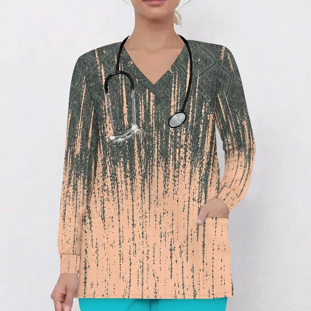 Women Plus Size Abstract Watercolor Printed V Neck Long Sleeve Nurse Scrub Top With Front Pockets
