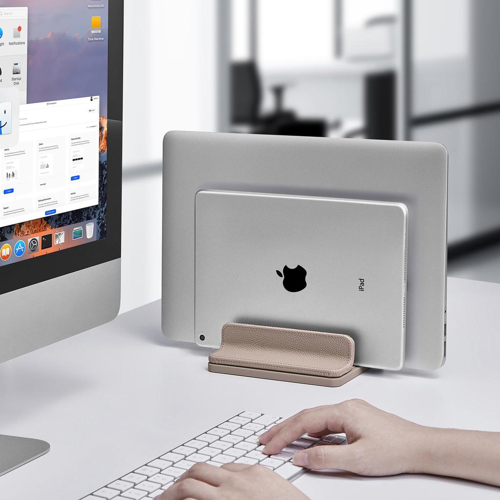 Vertical PU Leather Laptop Holds Two Adjustable Fits Stand, Laptops, Width, MacBook/Air/Surface/Pad/Smartphones, Etc. (Apricot)