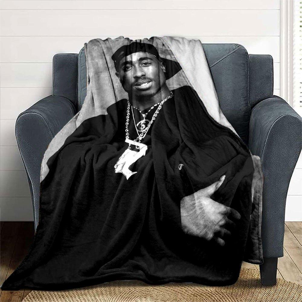 1pc 2PacHip Hop Blanket Soft Lightweight All Season Multi Purpose Throw for Sofa, Bed, Office & Picnics, French Style with Iconic Album Art & Quotes