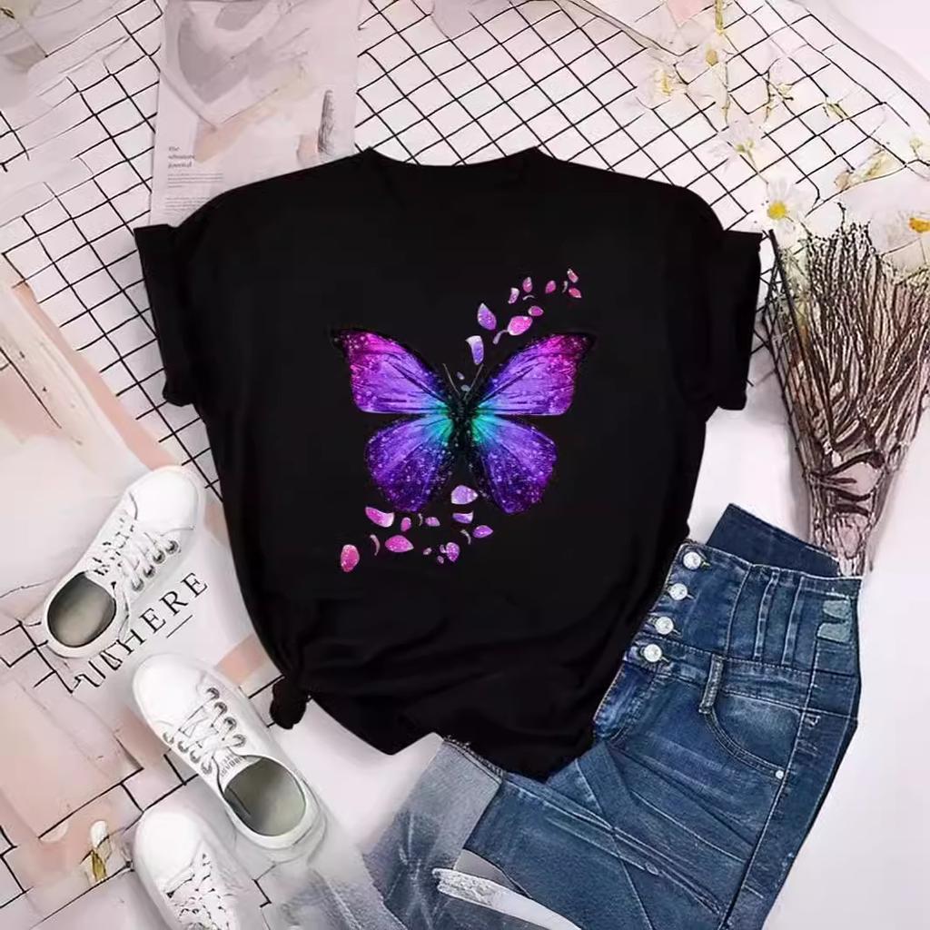 Women's Color Butterfly Petal Print T-Shirt Short Sleeve Crew Neck Cute Pattern T-Shirt Women's Top