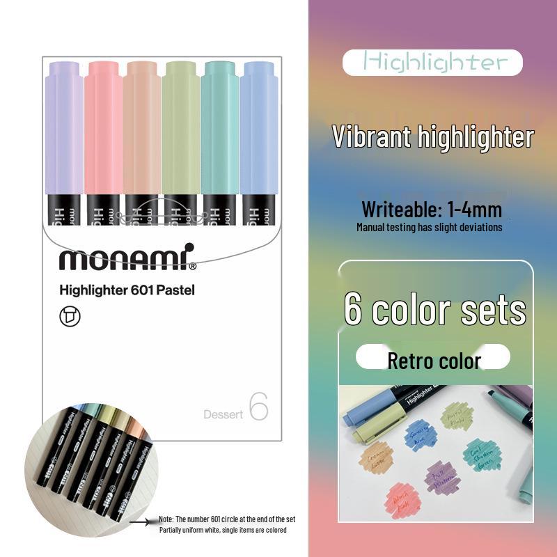 Monami 601 Korean Fluorescent Marker Pens, 12 Colors, Large Capacity, Creative Design (06021)