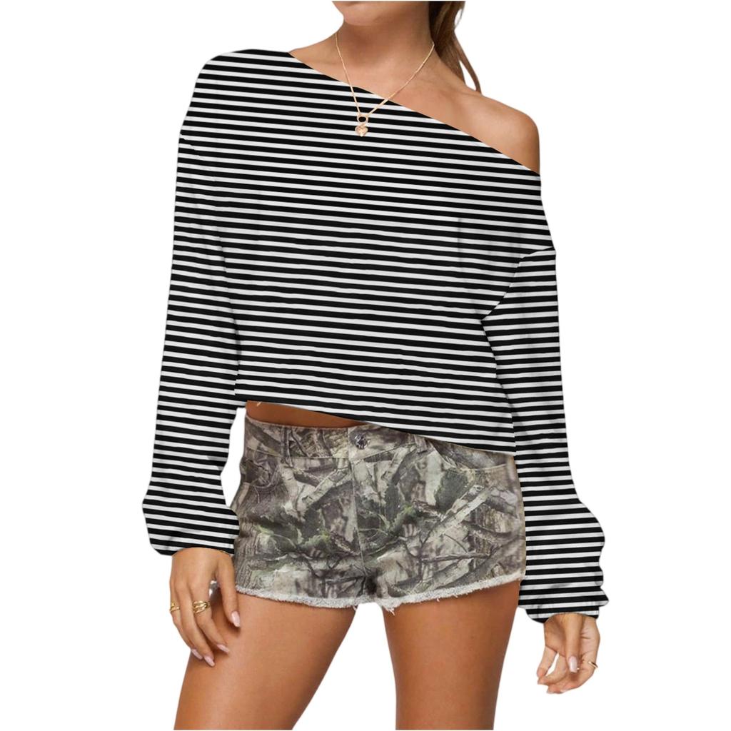 Women's Fashionable Casual Versatile Loose One-shoulder Pullover Women's Style Off-Shoulder Long-Sleeved Sweatshirt