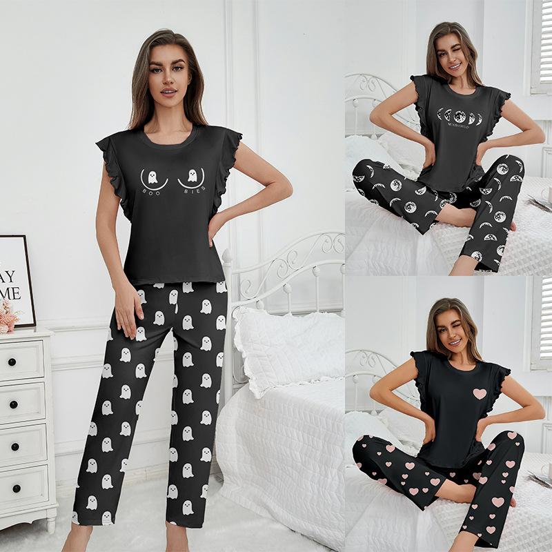 Sommer Pyjama Damen Grafikdruck Pyjama Set Kurzarm Rundhals Oberteile Elastischer Bund Hose Damen Schwarz Nachtwäsche Loungewear Pj