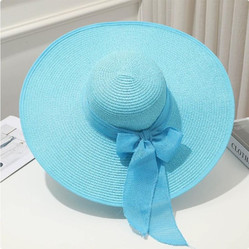 Cappello da Sole Estivo a Tesa Larga per la Spiaggia all'Aperto Moda Bordo Larga Pieghevole Cappello da Sole da Donna Colore Unito Decorazione Fiocco Cappello a Cilindro