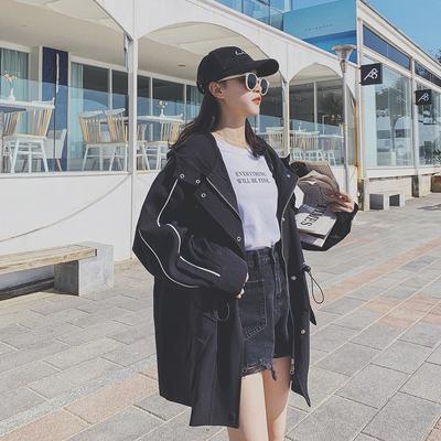 Women's Large Size Black Hooded Windbreaker Women's Mid-length Spring and Autumn New Design Niche Street Style Jacket