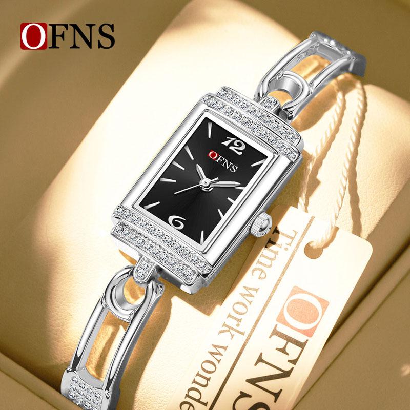 OFNS Women's Luxury Square Leather Strap Watch - Waterproof Quartz with Diamond Detailing